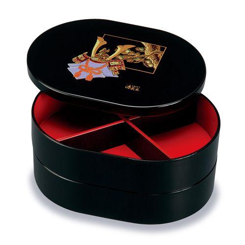 みよし漆器本舗 紀州塗り 7寸 小判二段オードブル 黒 金蒔絵 ほまれ兜