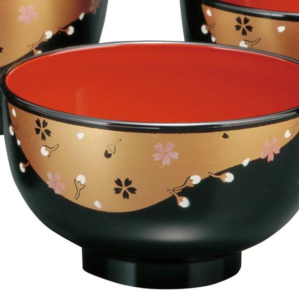 みよし漆器本舗 紀州塗り レンジ汁椀 黒内朱 金雲桜(5客入) お椀