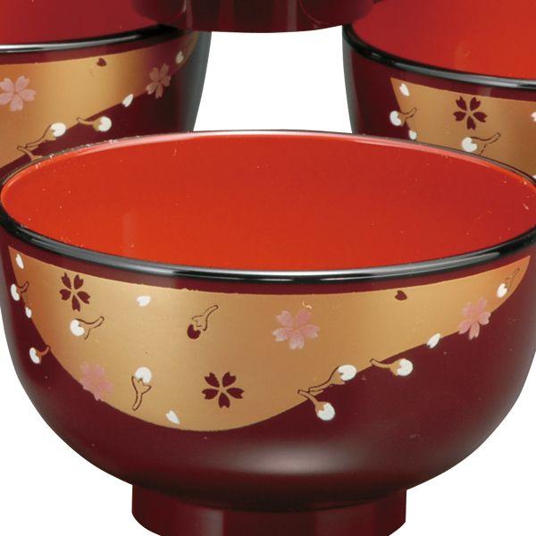 みよし漆器本舗 紀州塗り レンジ汁椀 溜内朱 金雲桜(5客入) お椀