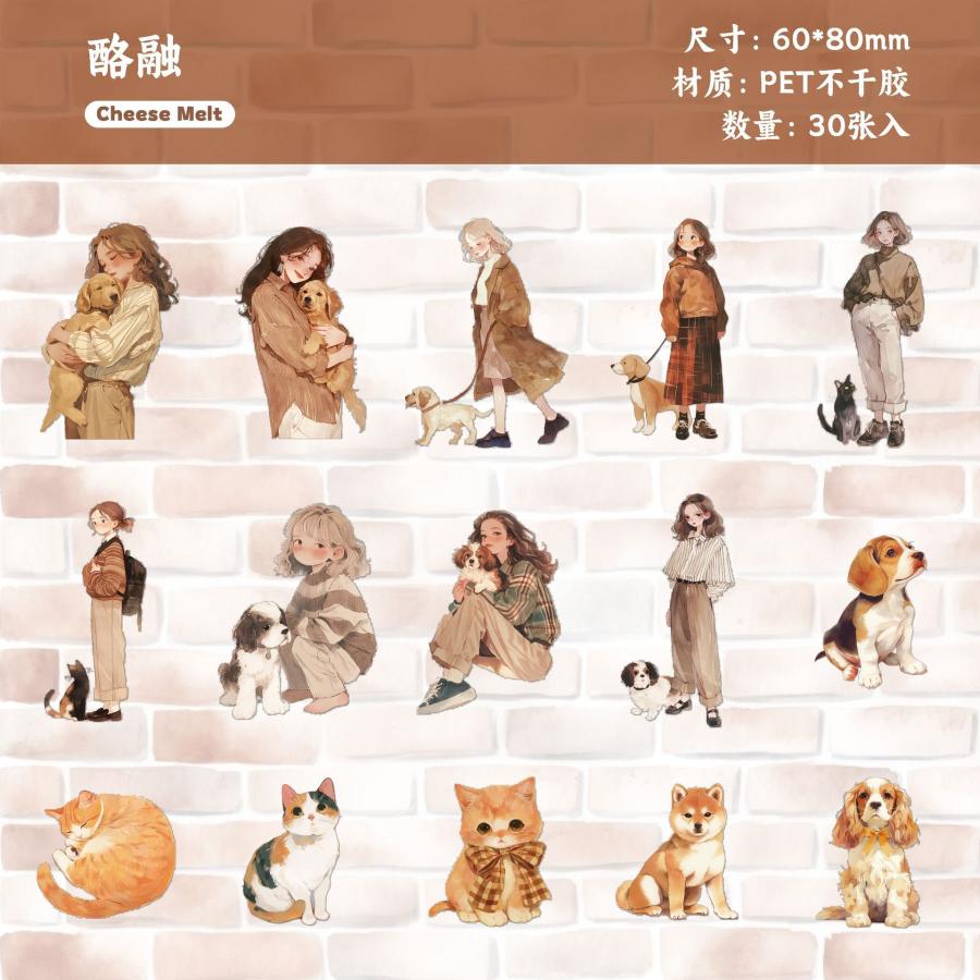 PETステッカー コラージュシール人物 PET素材 PETシール 女の子 ねこ