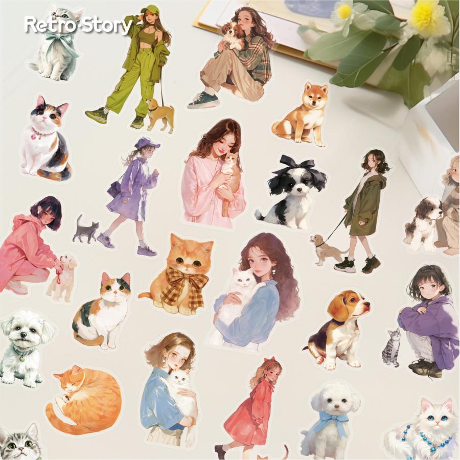 PETステッカー コラージュシール人物 PET素材 PETシール 女の子 ねこ