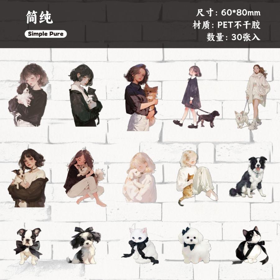 PETステッカー コラージュシール人物 PET素材 PETシール 女の子 ねこ