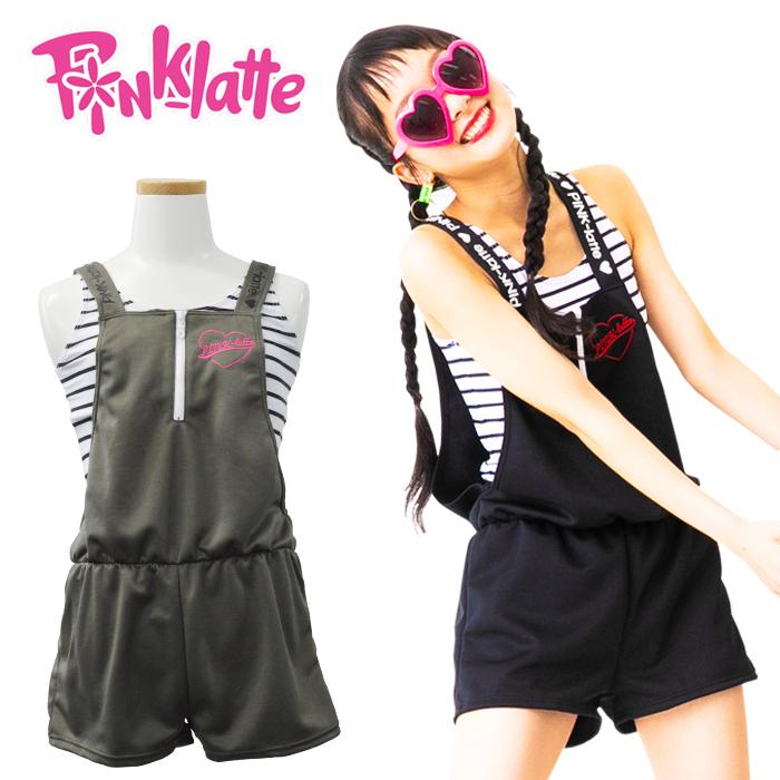 Pink Latte ピンクラテ 水着 女子 子供 140 150 160 170 中学 中学校 海 セパレート サロペット 3点セット Tシャツ カバーアップ 体型カバー プール 商店