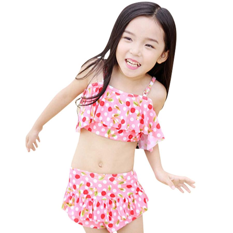 子供 水着 女の子 セパレート キッズ ビキニ 2点セット さくらんぼ柄 キュート フリル 子供 女児 ジュニア