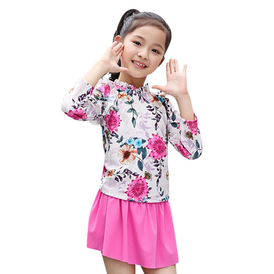 キッズ 水着セパレート 長袖 女の子 トップス スカート一体型 ショーツ 2点セット 7分袖