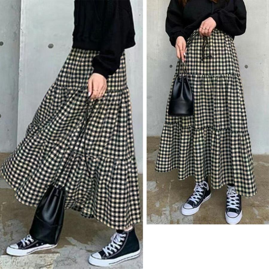 チェックスカート 秋冬 ロング レディース ウエストゴム 黒 ティアード