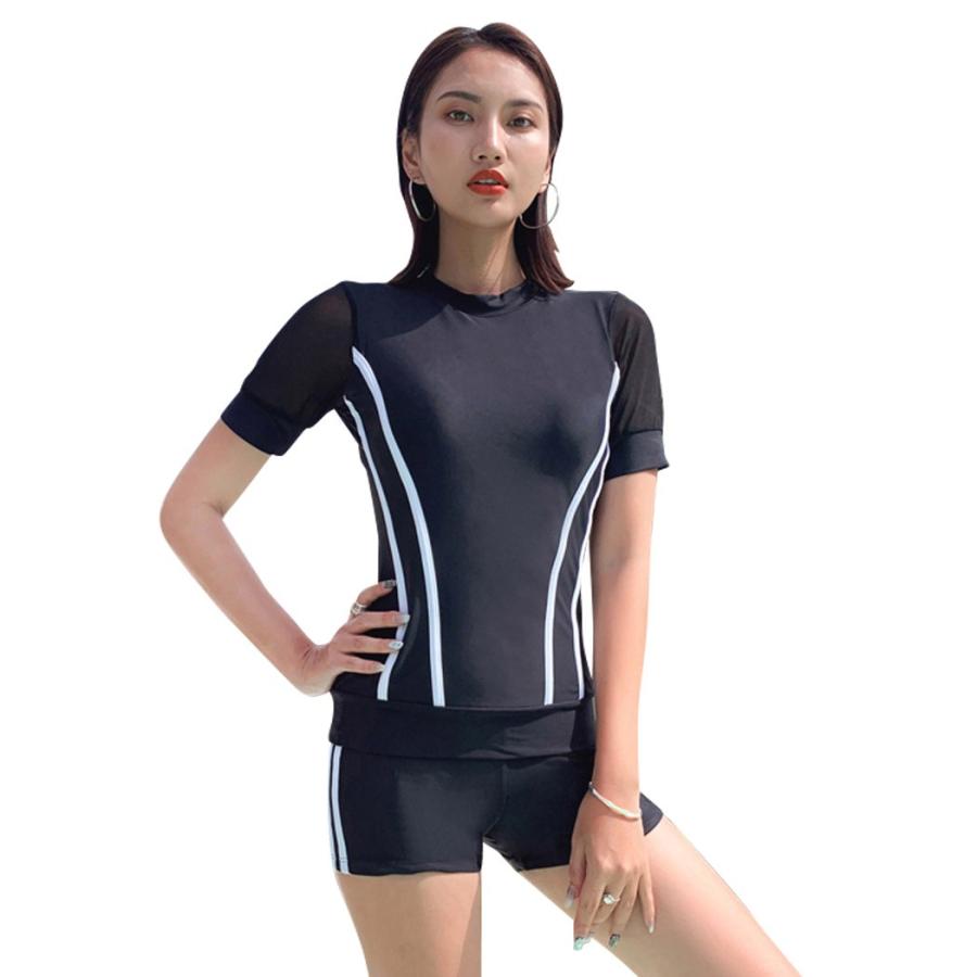 フィットネス水着 レディース 体型カバー水着 トップス ショーツ キャップ 3点セット メッシュ素材 半袖 ラッシュ