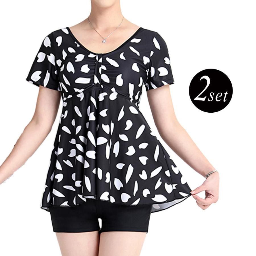 大きいサイズ水着 レディース 体型カバー 40代 50代 60代 ママ水着 半袖 露出控えめ 黒