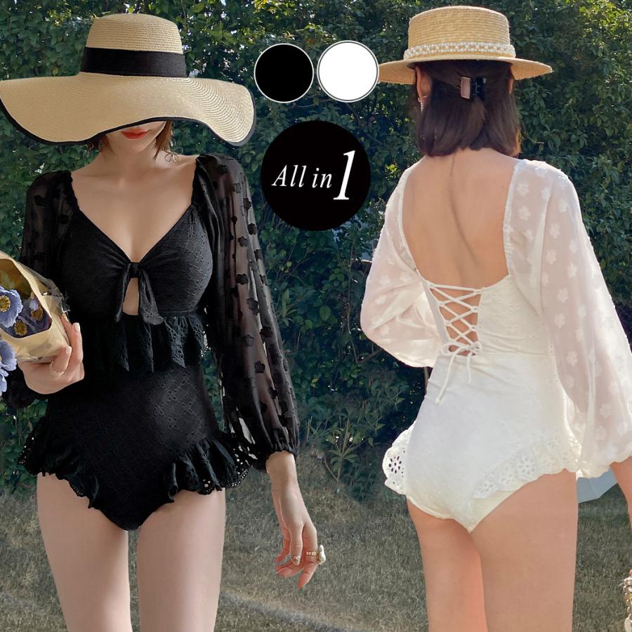 水着 レディース ワンピース オールインワン 体型カバー 白 黒 花柄 カットアウト 長袖 可愛い フリル :swimwear-2733:水着ストア  - 通販 - Yahoo!ショッピング