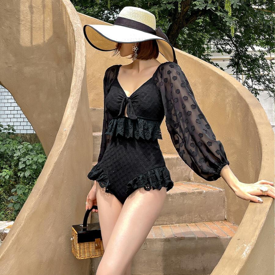 水着 レディース ワンピース オールインワン 体型カバー 白 黒 花柄