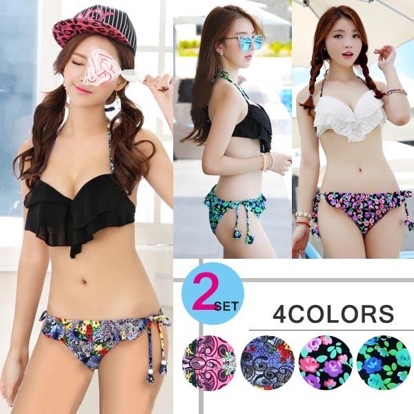 水着 バンドゥ フリル バンドゥービキニ レディース 2点セット セクシー ホルターネック 小胸もピッタリ ワイヤービキニ フレア 花柄 ティアード 工場直送