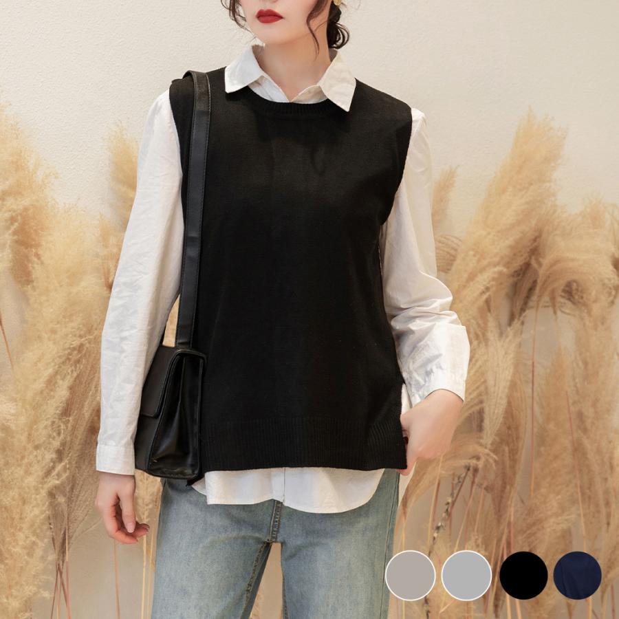 ベスト レディース 春 ニット ノースリーブ セーター スリット入り トップス カシュクール風 レイヤード ミディアム丈 無地 黒 M Xlサイズ 水着ストア 通販 Paypayモール