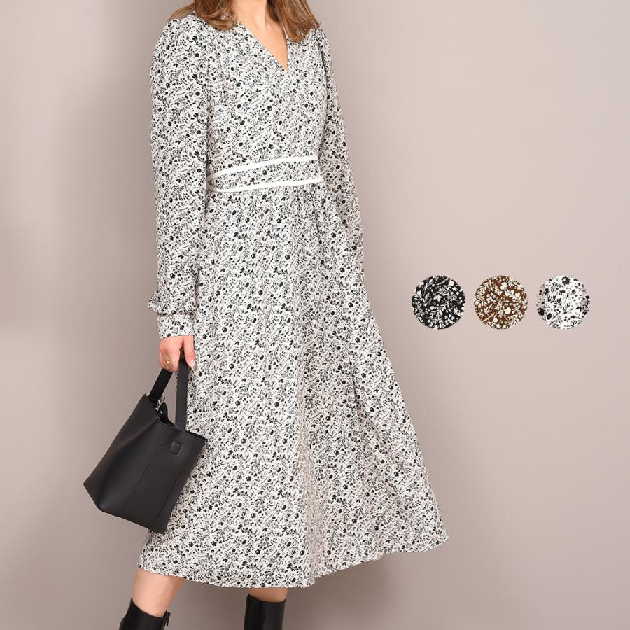 カシュクール ワンピース レディース 長袖 春 秋 きれいめ おしゃれ かわいい シンプル 花柄 Vネック デコルテ ウエストマーク リボン 水着ストア 通販 Paypayモール