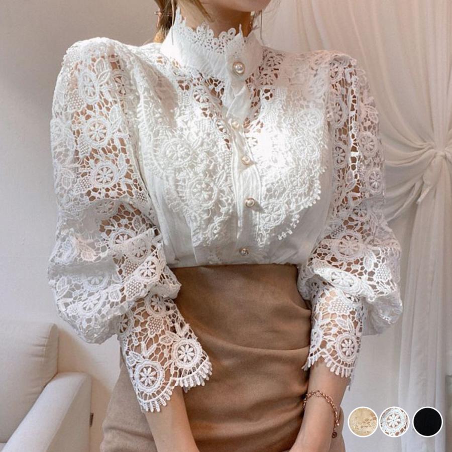 おしゃれ ブラウス 長袖 クロシェ 編み トップス 春 夏 透け感 フォーマル 立ち襟 レース スタンドカラー 花柄 デート ドレス 結婚式 白 黒 水着ストア 通販 Paypayモール