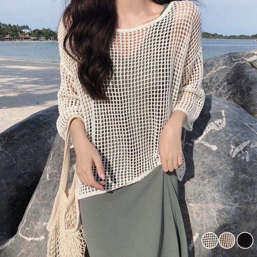 メッシュ ニット レディース 春夏 秋 トップス セーター 黒 ざっくり 無地 七分袖 ゆったり 涼しい シースルー シアー Tops1448 水着ストア 通販 Yahoo ショッピング