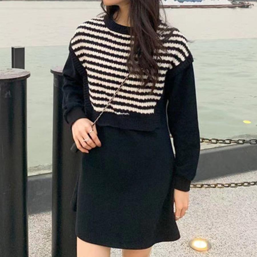 ワンピース ドッキング レディース きれいめ 長袖 ニット Aライン ミニ