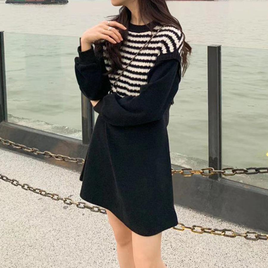 ワンピース ドッキング レディース きれいめ 長袖 ニット Aライン ミニ