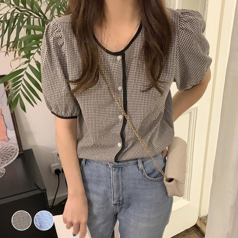 パイピング ブラウス レディース ギンガムチェック トップス シャツ 夏 
