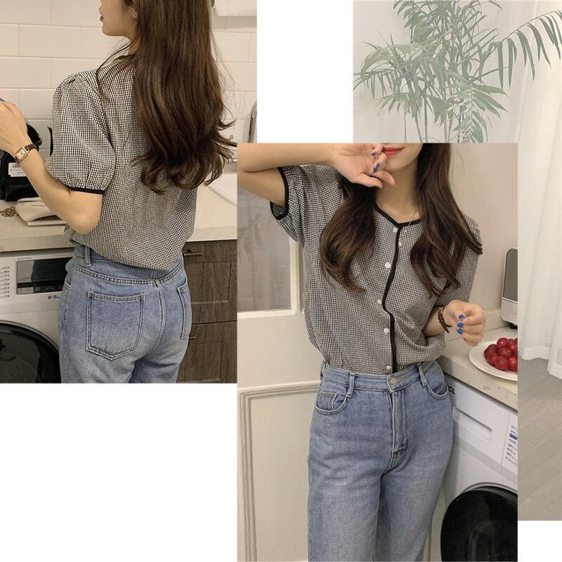 パイピング ブラウス レディース ギンガムチェック トップス シャツ 夏