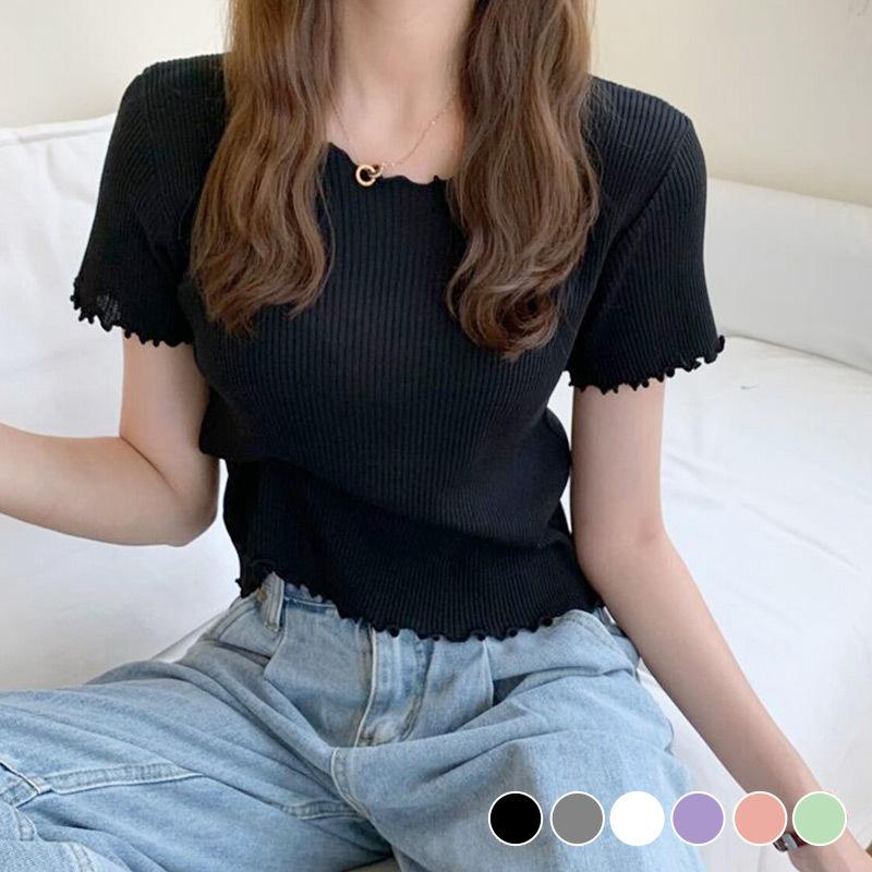 Tシャツ レディース 半袖 メロウフリル トップス リブ素材 おしゃれ
