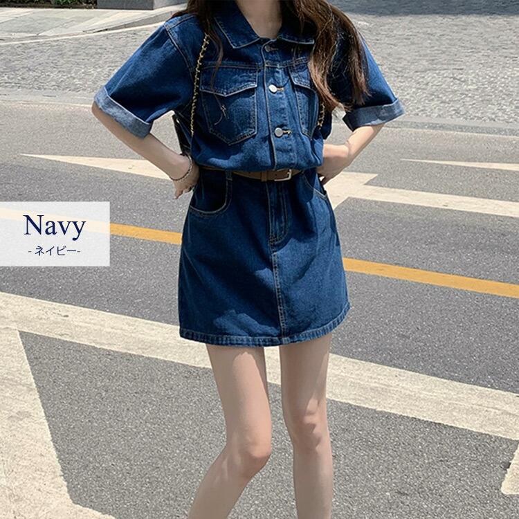 ワンピース デニム レディース 半袖 韓国ファッション おしゃれ かわいい 量産型 春 夏 秋 シャツワンピ デニム Tops1739 水着ストア 通販 Yahoo ショッピング