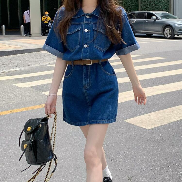 ワンピース デニム レディース 半袖 韓国ファッション おしゃれ かわいい 量産型 春 夏 秋 シャツワンピ デニム Tops1739 水着ストア 通販 Yahoo ショッピング