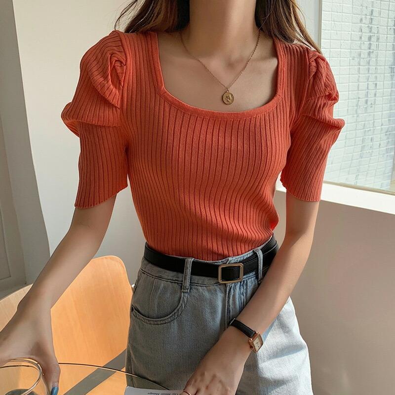 リブ Tシャツ トップス レディース 半袖 パワーショルダー 韓国 おしゃれ かわいい トレンド 夏 白 黒 無地｜mizuki-store｜25