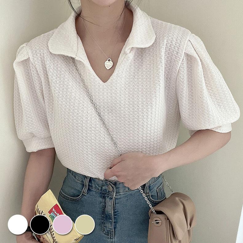 ブラウス レディース 半袖 韓国 ワッフル生地 ジョニーカラー