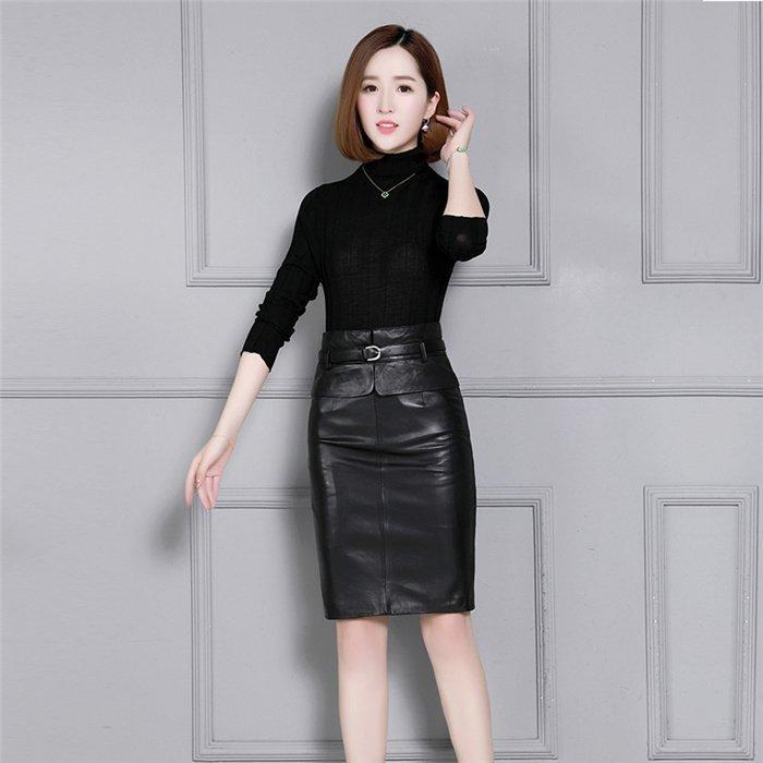 スカート ミディアム丈革スカート ラムレザー タイトスカート 膝丈ペンシルスカート ラムレザースカート ハイウエスト 本革 皮スカート 羊革 ブラック