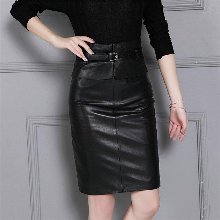 スカート ミディアム丈革スカート ラムレザー タイトスカート 膝丈ペンシルスカート ラムレザースカート ハイウエスト 本革 皮スカート 羊革 ブラック 