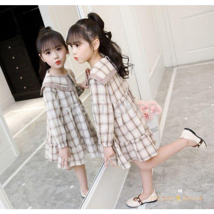 子供服 ワンピース キッズ 長袖 子供ドレス Dress 女の子 秋着 膝丈ワンピース 折り襟 チェック柄 韓国子供服 ジュニア カジュアル おしゃれ 可愛い 通学着 有名なブランド