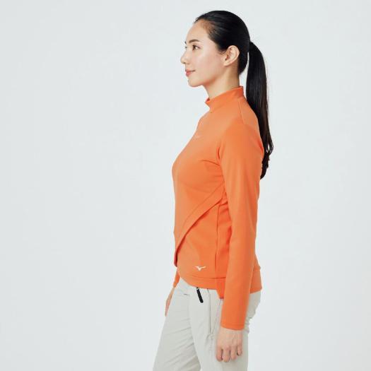 【美品】me ハイネックTシャツ オレンジ/グリーン ストライプ MIZUNO（ミズノ） ミズノ公式 ゴルフウェア アシンメトリーハイネック