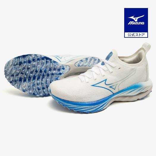ジョギング　靴　くつ　2E　チャート_ランナー　WAVE Nミズノ公式 ウエーブネオ WIND ランニング レディース ホワイト×ブルー