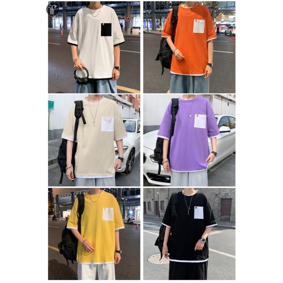 限定価格セール Tシャツ 重ね着風 半袖 胸ポケット レイヤード メンズ 無地 ルーズ クルーネック ゆったり ビッグシルエット 夏 新作 代引不可 Avmap Gr