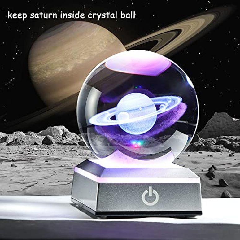 3D クリスタルボール ガラス玉 置物 Ornalrist 80mm 3D Engraved Saturn K9 Crystal Ball with Silver LED Base Solar System Glass Sphere Miniatured Saturn P｜mj-market｜02