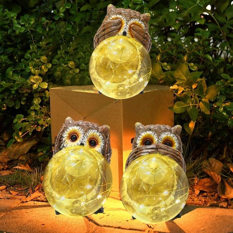 LEDソーラーライト ソーラーパワー ガーデンライト フクロウ ANGMLN Owl Solar Lights Garden Outdoor， 3 Pack Solar Figurines Lights Decor Growing Orb Water