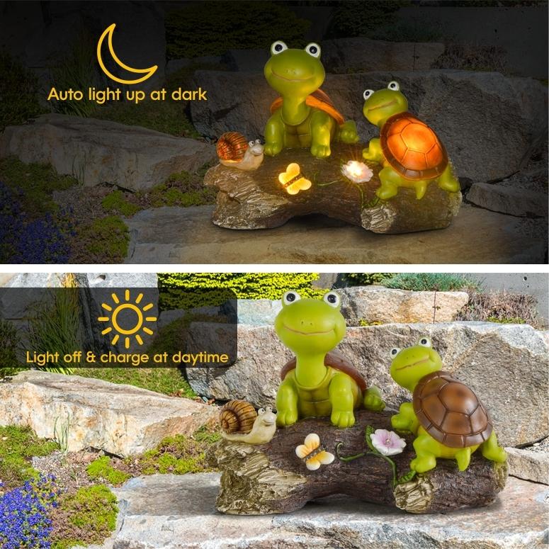 代引可 LEDソーラーライト ソーラーパワー ガーデンライト カエル Olekki Garden Decor Solar Turtle Statue - Cute Frog Face Turtles & Snail on Log Sculpture w