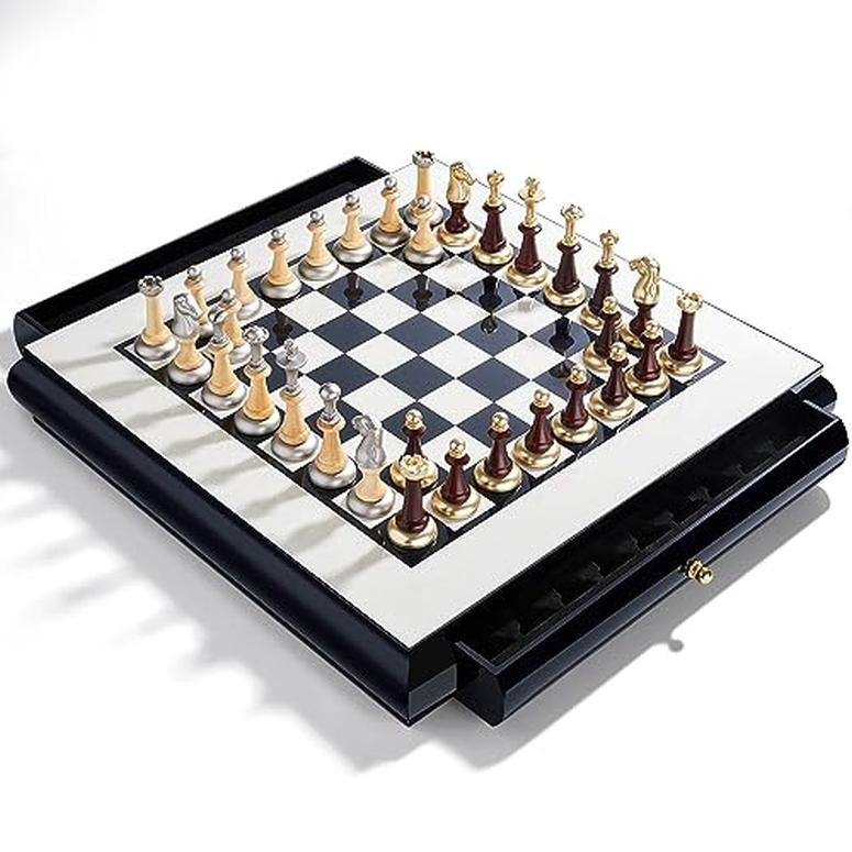 チェスセット AMEROUS 15.6 Inches Wooden Chess Set, Large Size Board with 2 Built-in Storage Drawers - 2 Extra Queens - Metallic & Wooden Chess Pie｜mj-market｜03