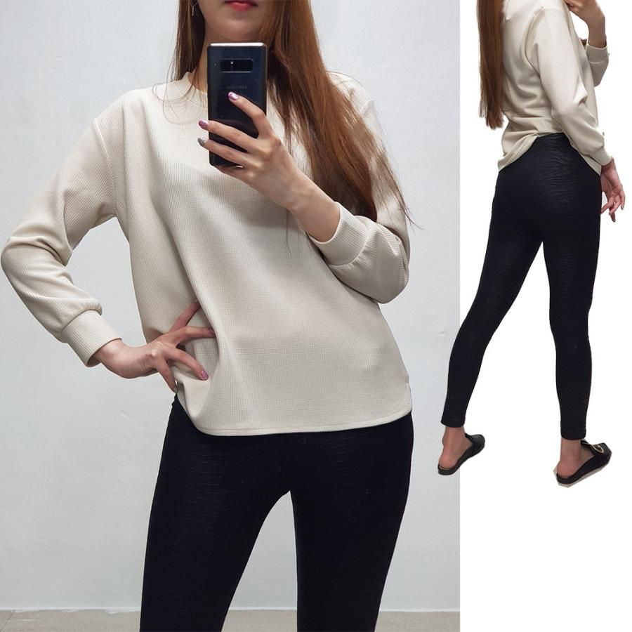 ワッフルカットソー 全６色（ブラック/アイボリー/ベージュ/ブルー/カラシ/グレー）秋物 トップス サイド丸スリット 袖リブ プルオーバー 生地感 |  | 02