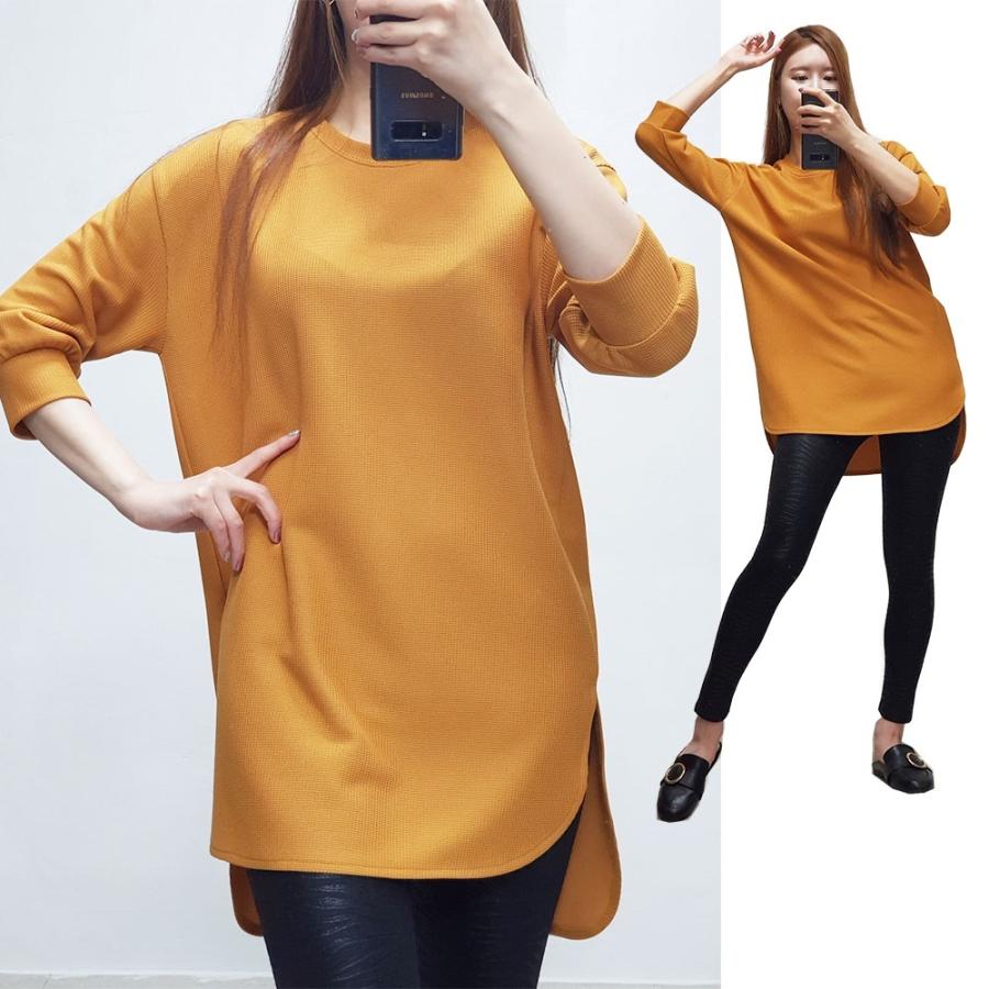 ワッフル生地 サイドスリット プルオーバー 前後長さ違い ラウンドカットスリット 体型カバー チュニック 長袖トップス ディテールにこだわった袖口 |  | 04