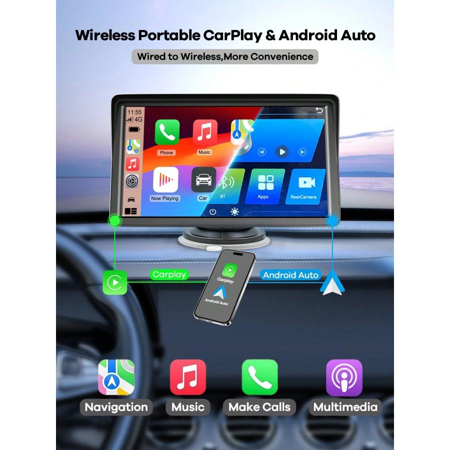 7インチ汎用車載ディスプレイモニター ワイヤレス CarPlay & Android