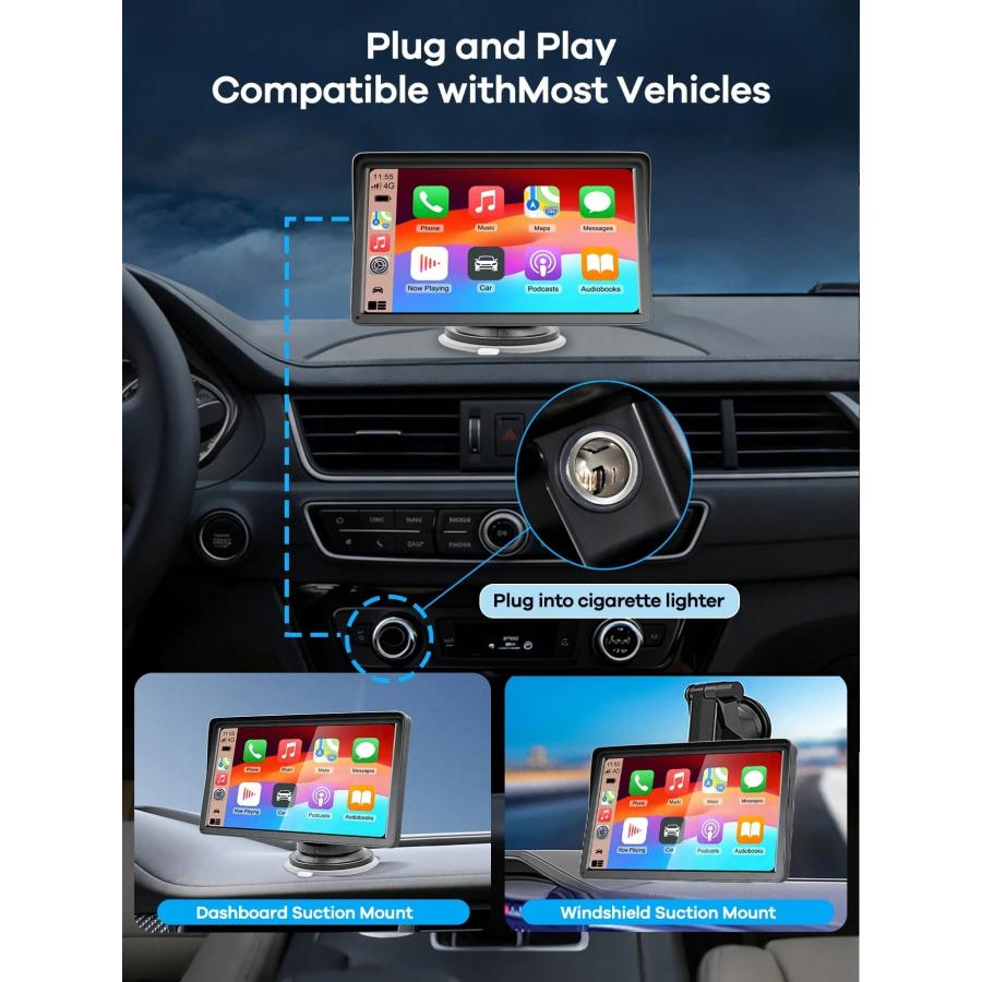 7インチ汎用車載ディスプレイモニター ワイヤレス CarPlay & Android