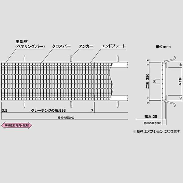 グレーチング 溝幅250mm用 みぞぶた 普通目 適用荷重 T2 ノンスリップ LSハイテン 側溝用 350x993x25　【個人宅配送不可】｜mk-grating｜02