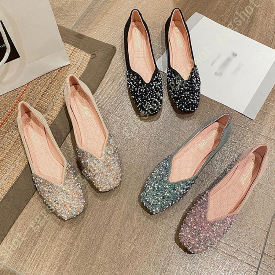 バレエシューズ キラキラ パンプス ぺたんこ靴 ビジュー付き レディース 可愛い スパンコール ゴージャス フラット ローヒール スクエアトゥ