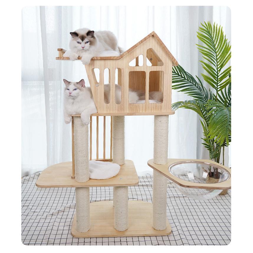 キャットタワー 猫タワー 大型 多頭飼い 猫家族 木登り 爪とぎ スリム 木製 据え置き 猫ランド 運動不足解消 天然サイザル麻紐 登り降りしやすい 