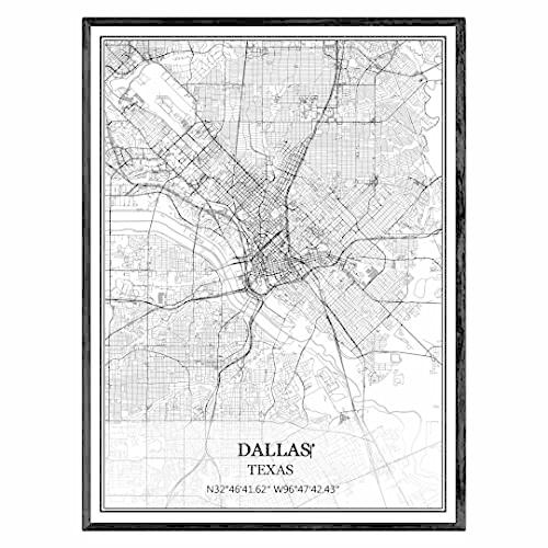 TANOKCRS ダラス テキサス アメリカ 地図 ウォールアート キャンバスプリント ポスター アートワーク フレームなし モダン 白黒地図