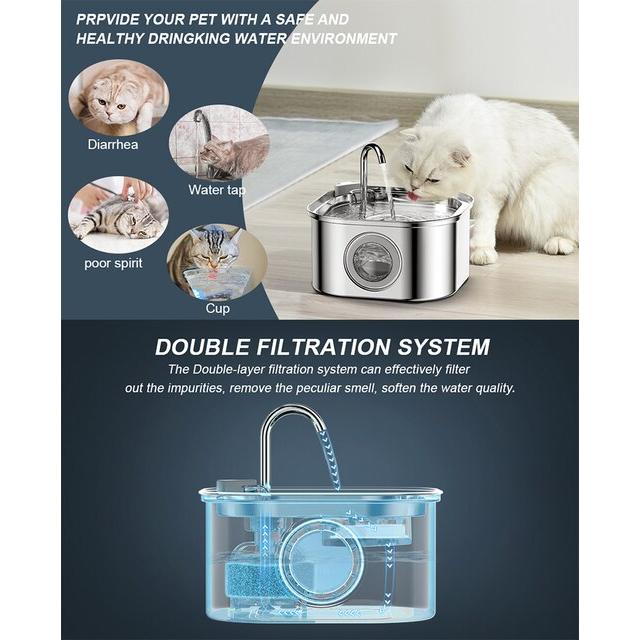 日本公式品 ステンレス鋼の猫と犬の噴水，2023コレクション，サイレント自動噴水，水レベル，窓3.2l