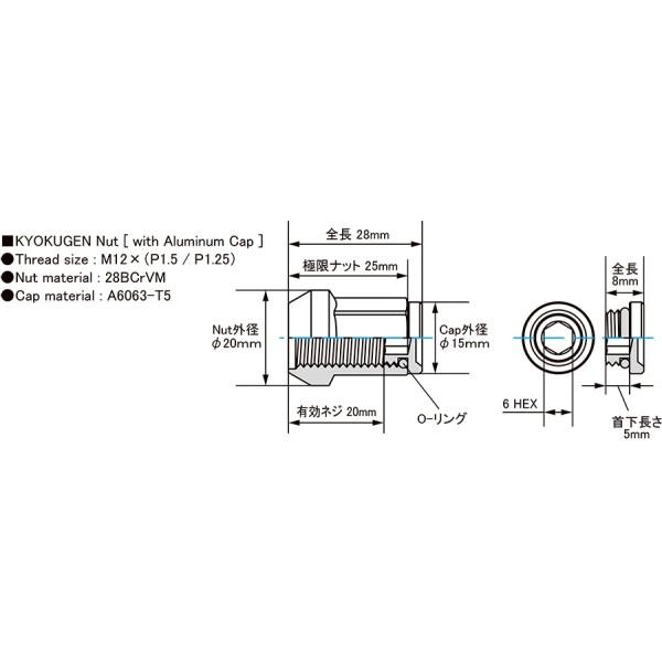 KYO-EI 極限 KYOKUGEN Nut アルミキャップ付き 貫通ナット 7角 フルロックナット 20個セット 全4色 M12×P1.25/P1.5 19HEX/21HEX兼用｜mkst｜04