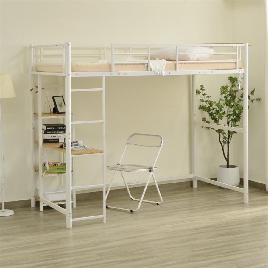 ロフトベッド 木製デスク＆コンセント付き スチール耐震ベッド 収納棚