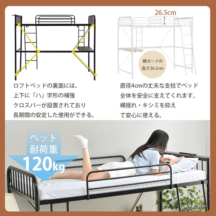 ロフトベッド パイプベッド シングル コンセント付き 高さ150cm 耐荷重